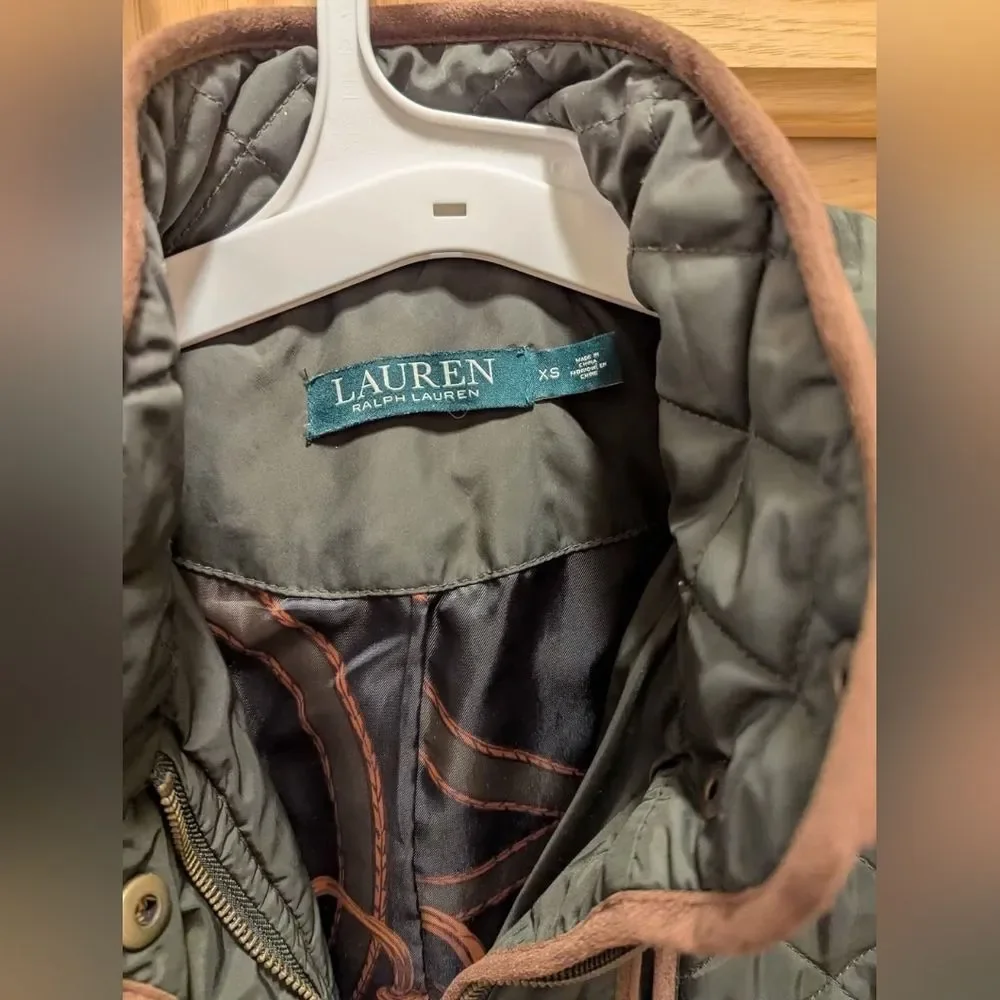 Ralph Lauren RL Designer Quilted Hooded Long Green Jacket Coat